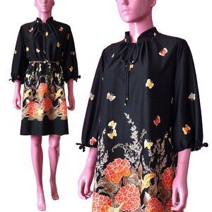 Vintage 70s M/L House Dress Floral Midi Black Orange High Neck Bows Oversize Fit